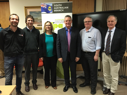 (L to R) is Jamie Getgood, Senior HR Manager at Holden, James Williamson, Porthaul Forestry, Clare Scriven, State Manager AFPA-SA, Mark McShane, CEO City of Mt Gambier, Alan Sibbons, Dept of State Development – Automotive Transitions Team, and Richard Vickery, Chair, RDA Limestone Coast.
