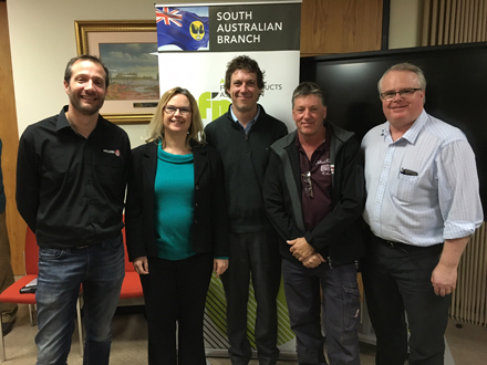 (L to R) Jamie Getgood, Senior HR Manager at Holden, Clare Scriven, State Manager AFPA-SA, James Williamson, Porthaul Forestry, Steve Witherow, Tabeel Trading, and Alan Sibbons, Dept of State Development – Automotive Transitions Team.