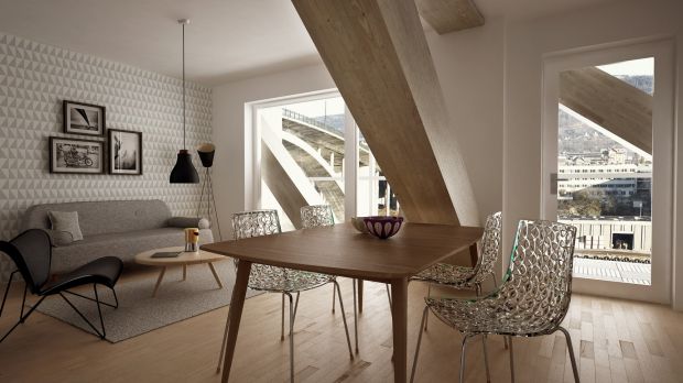  A view inside a Treet apartment, with timber beams prominent. 